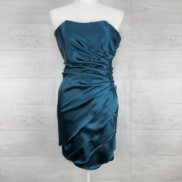 Xscape Strapless Mini Dress Size 4 Teal Satin Drape Wrap Cocktail Homecoming - Picture 2 of 16